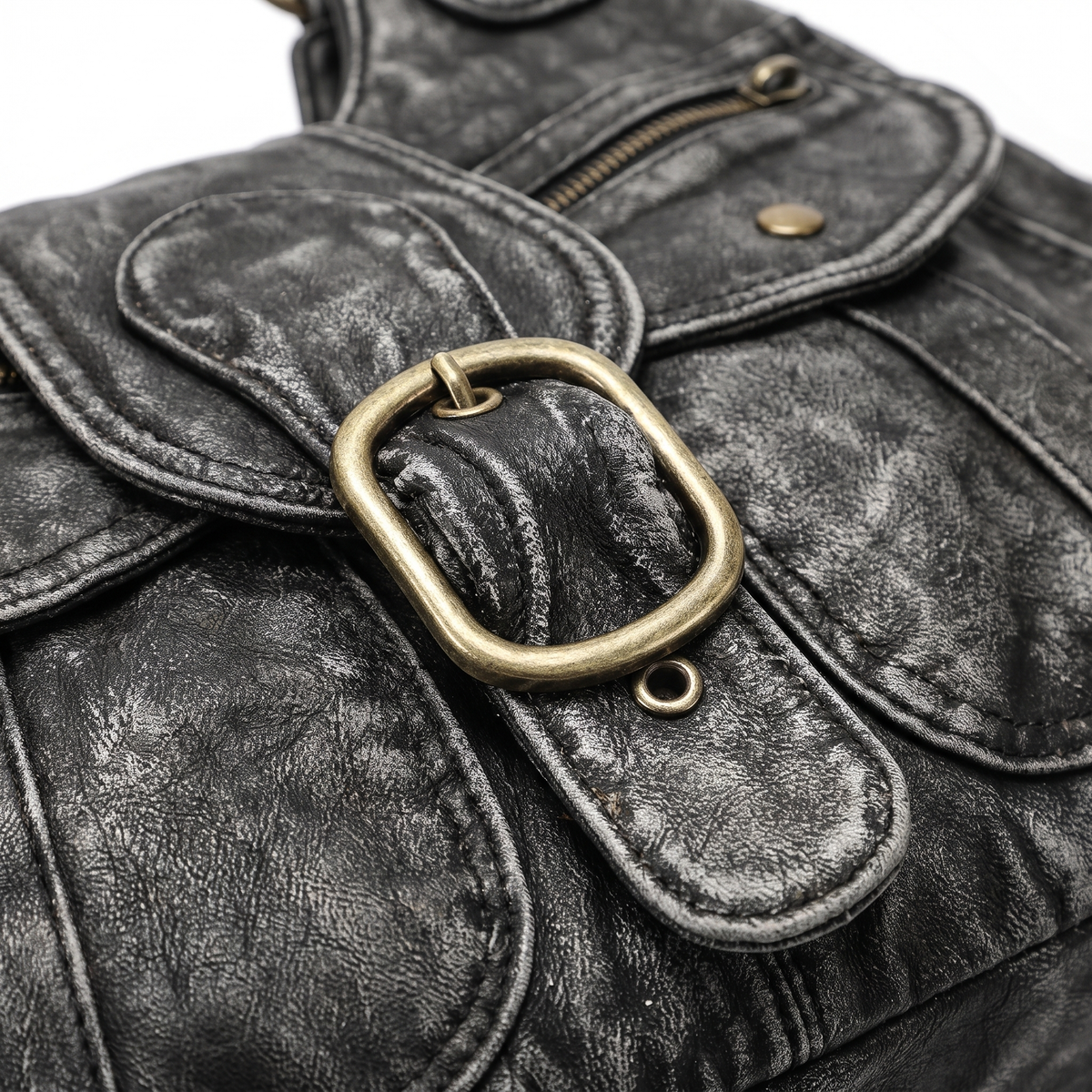 Women's Distressed Denim Shoulder Bag, buckle close-up