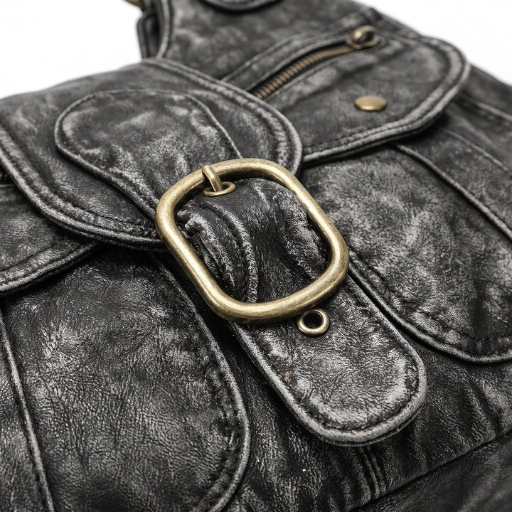 Women's Distressed Denim Shoulder Bag, buckle close-up