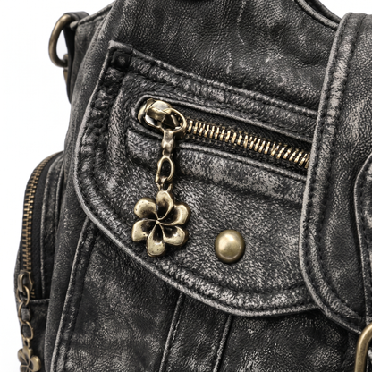 Women's Distressed Denim Shoulder Bag, zip pocket and flower charm close-up