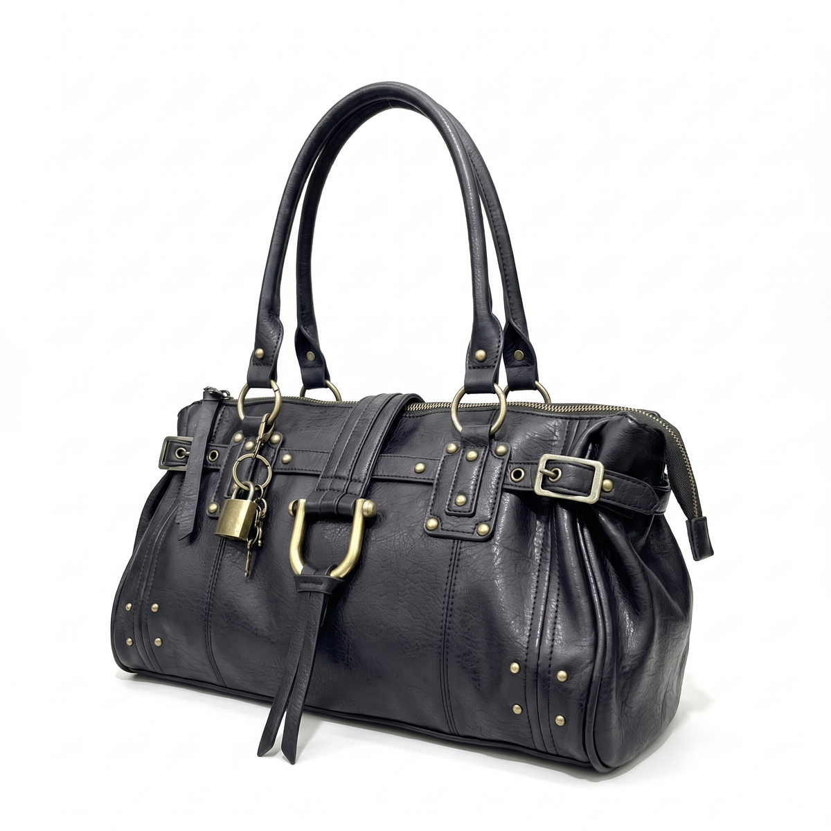 Women's Faux Leather Padlock Bowling Bag, three-quarter view