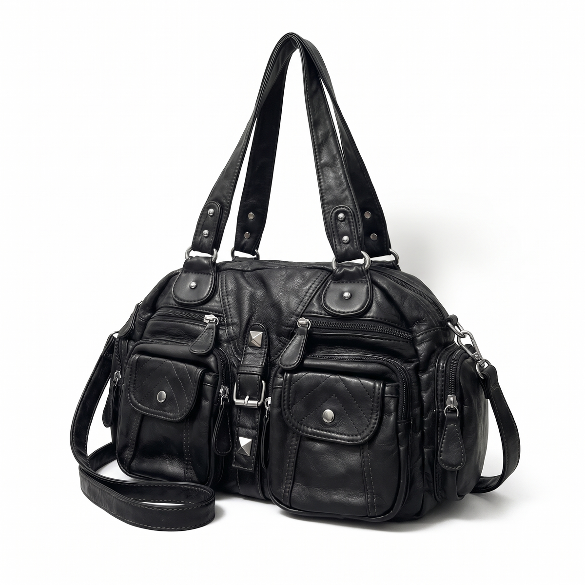 Women's Washed Faux Leather Pocket Shoulder Bag, three-quarter view