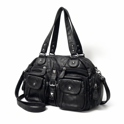 Women's Washed Faux Leather Pocket Shoulder Bag, three-quarter view