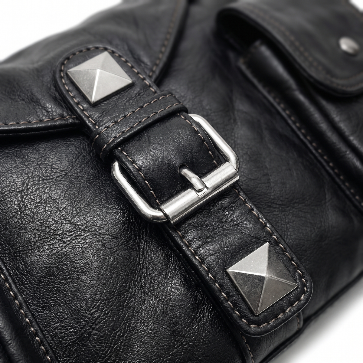 Women's Washed Faux Leather Pocket Shoulder Bag, buckle and stud close-up