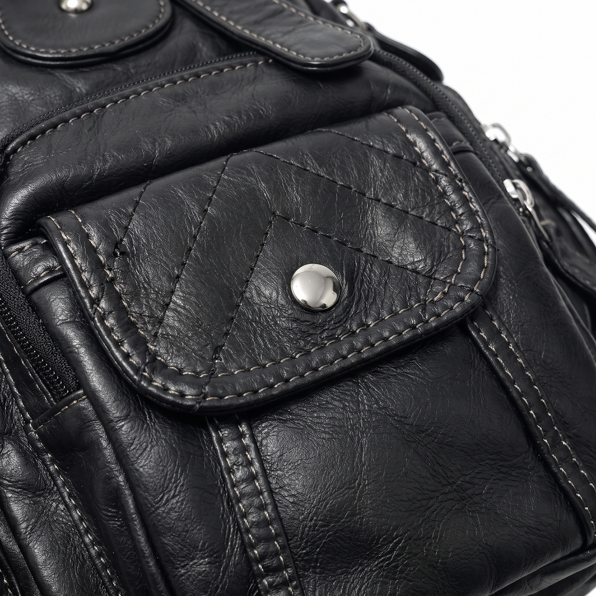 Women's Washed Faux Leather Pocket Shoulder Bag, quilted pocket close-up