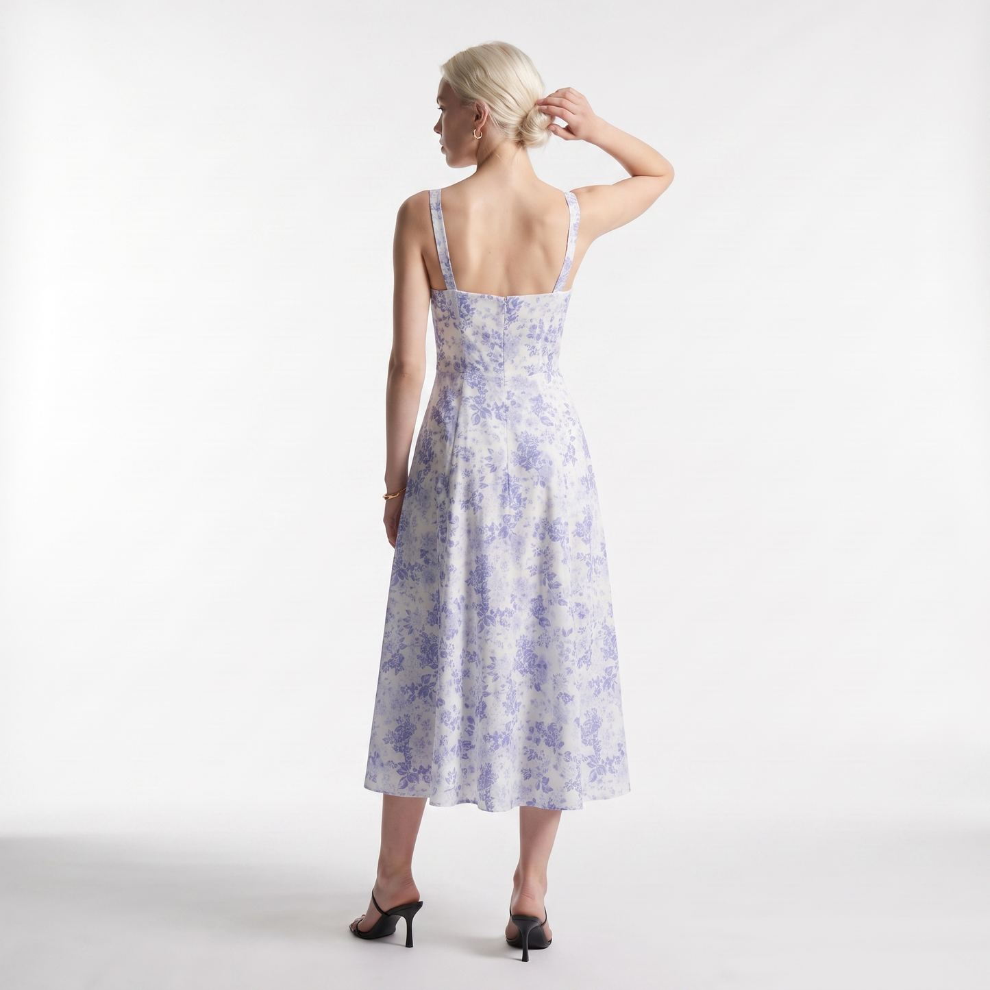 Sunoire vintage corset midi sundress women s natural waist sleeveless halter neck floral fit flare silhouette casual summer dress back view 01