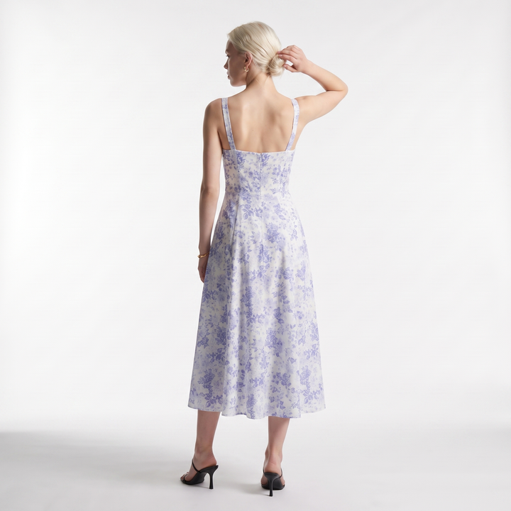 Sunoire vintage corset midi sundress women s natural waist sleeveless halter neck floral fit flare silhouette casual summer dress back view 01