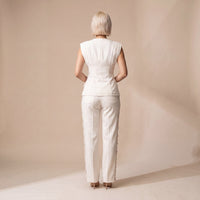 Sunoire 2 pieces outfit deep v neck sleeveless ruched button front flap detail backless cinched waist top and button decor seam front wide leg pants set back view 01