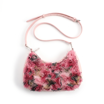 Sunoire bag 04 lace crescent colorway pink floral garment flatlay 01
