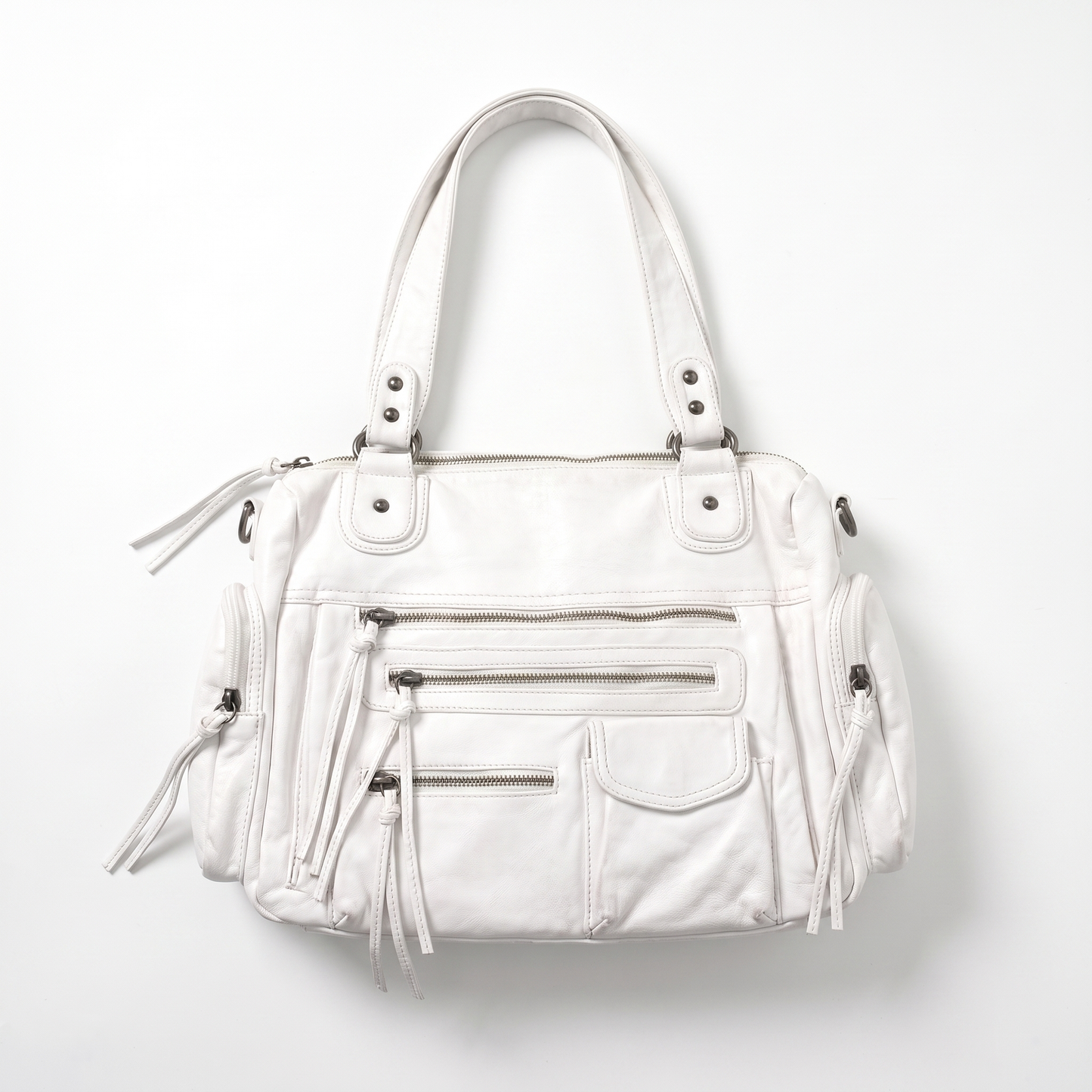 Sunoire bag 13 washed vintage satchel colorway white garment flatlay 01