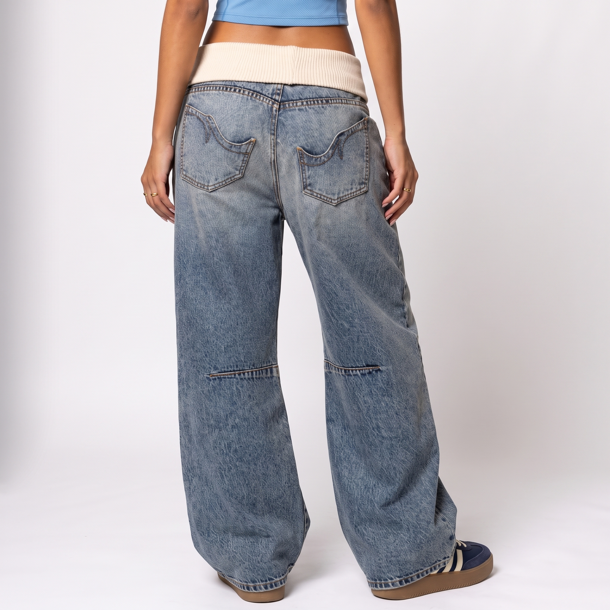Sunoire baggy wide leg jeans ribbed waistband urban style bottom back crop 01