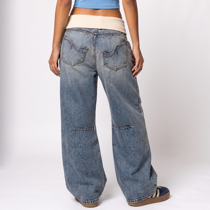 Sunoire baggy wide leg jeans ribbed waistband urban style bottom back crop 01