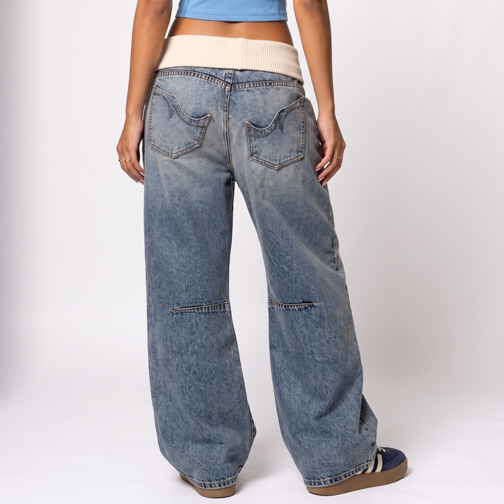 Sunoire baggy wide leg jeans ribbed waistband urban style bottom back crop 01