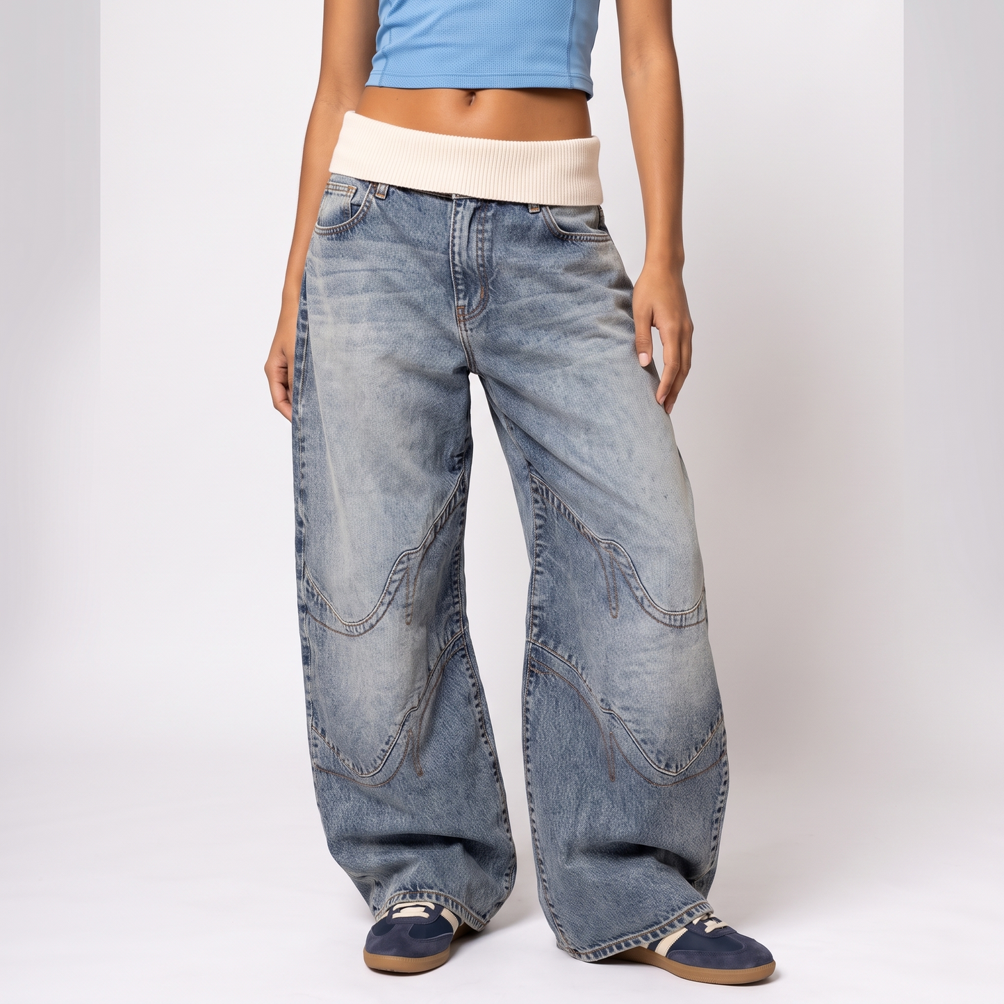 Sunoire baggy wide leg jeans ribbed waistband urban style bottom front crop 01