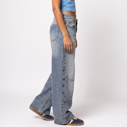 Sunoire baggy wide leg jeans ribbed waistband urban style bottom side crop 01