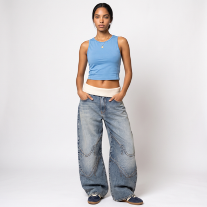 Sunoire baggy wide leg jeans ribbed waistband urban style front hero 01