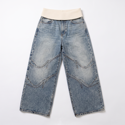 Sunoire baggy wide leg jeans ribbed waistband urban style garment flatlay 01