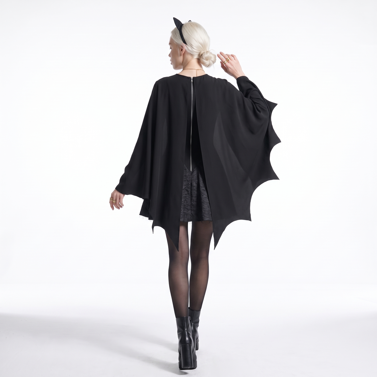 Sunoire bat sleeve black skater dress back view 01