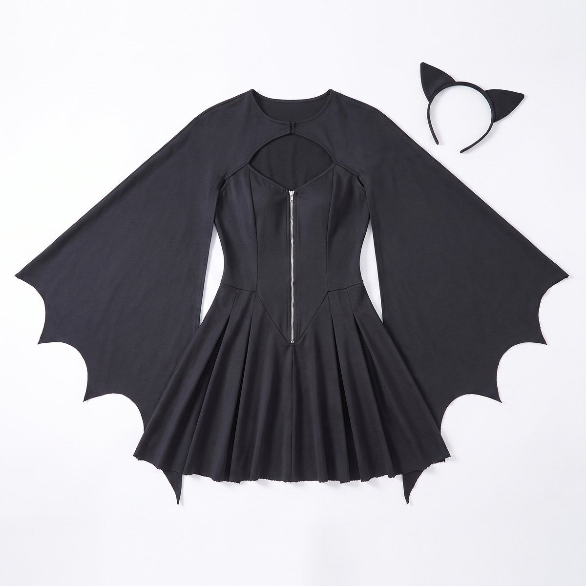 Sunoire bat sleeve black skater dress garment flatlay 01
