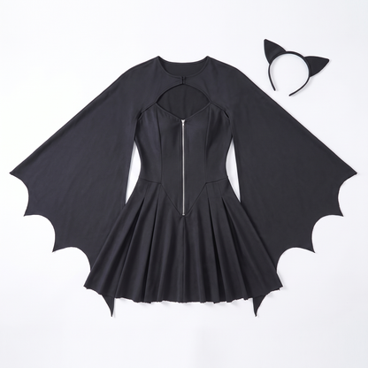 Sunoire bat sleeve black skater dress garment flatlay 01