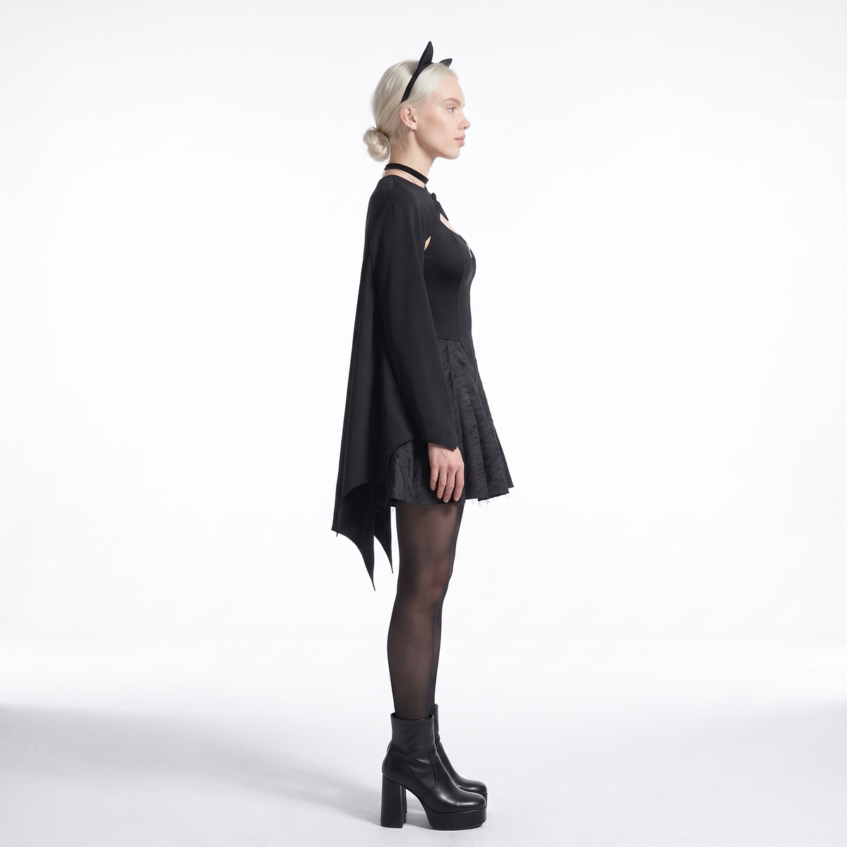 Sunoire bat sleeve black skater dress side view 01