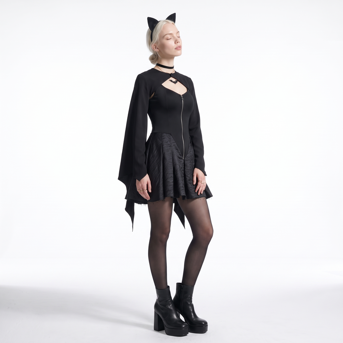 Sunoire bat sleeve black skater dress three quarter 01