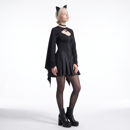 Sunoire bat sleeve black skater dress three quarter 01