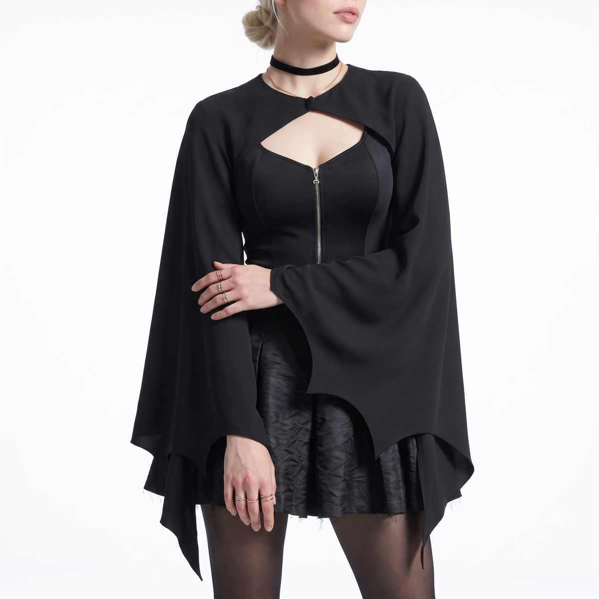 Sunoire bat sleeve black skater dress torso crop 01