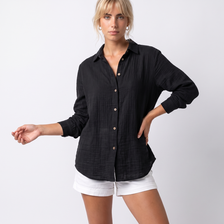 Sunoire bea womens linen oversized button down collared shirt colorway black front crop 01