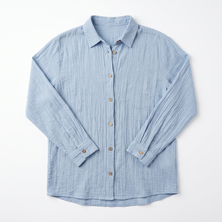 Sunoire bea womens linen oversized button down collared shirt garment flatlay 01