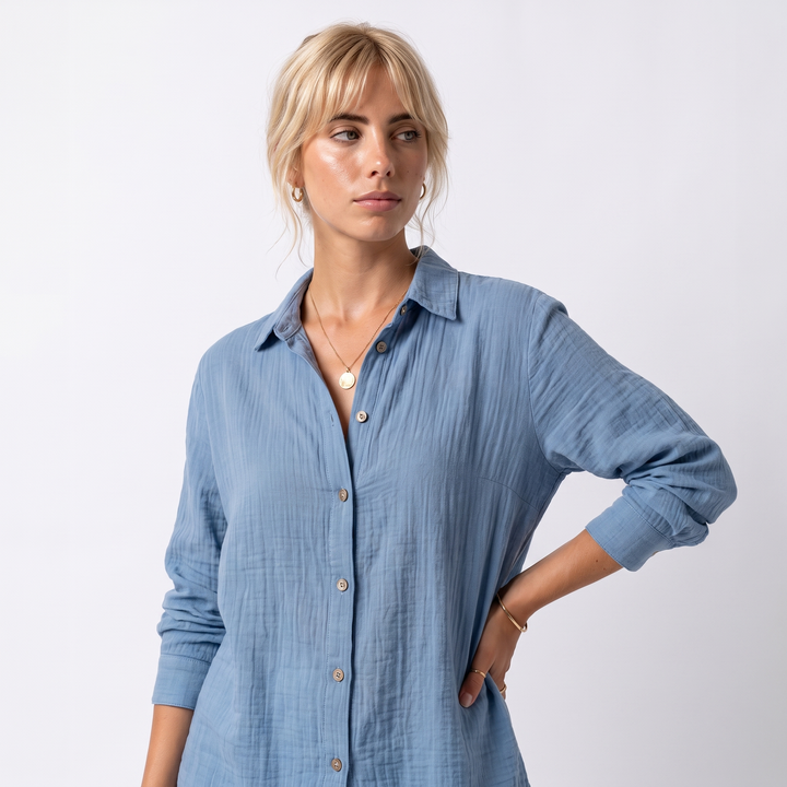 Sunoire bea womens linen oversized button down collared shirt top detail 01