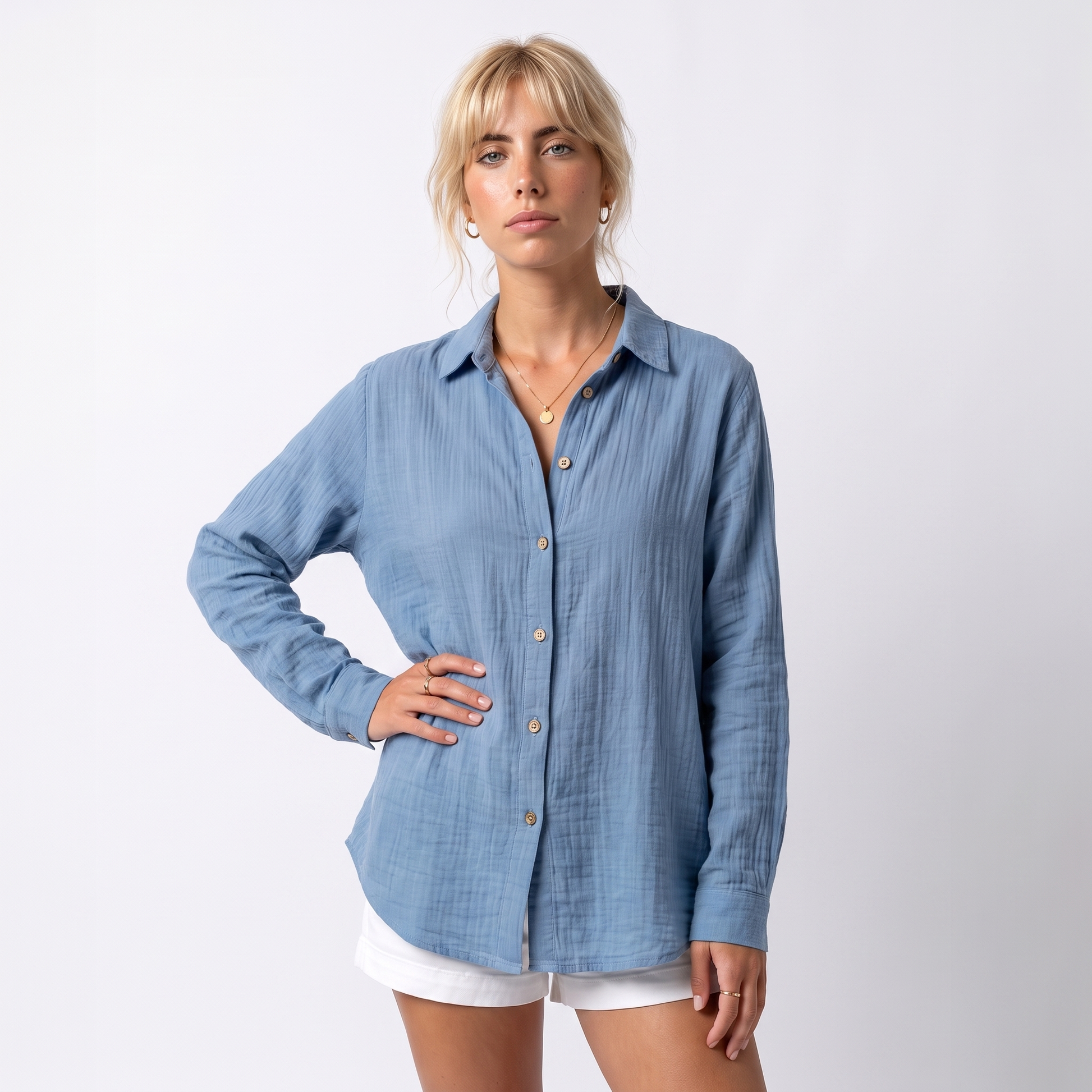 Sunoire bea womens linen oversized button down collared shirt top front crop 01