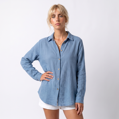 Sunoire bea womens linen oversized button down collared shirt top front crop 01