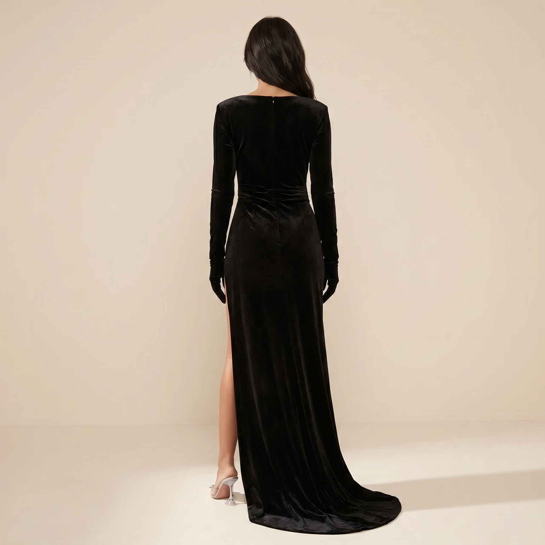 Sunoire bernice long sleeve gloves velvet maxi dress in black back view 01