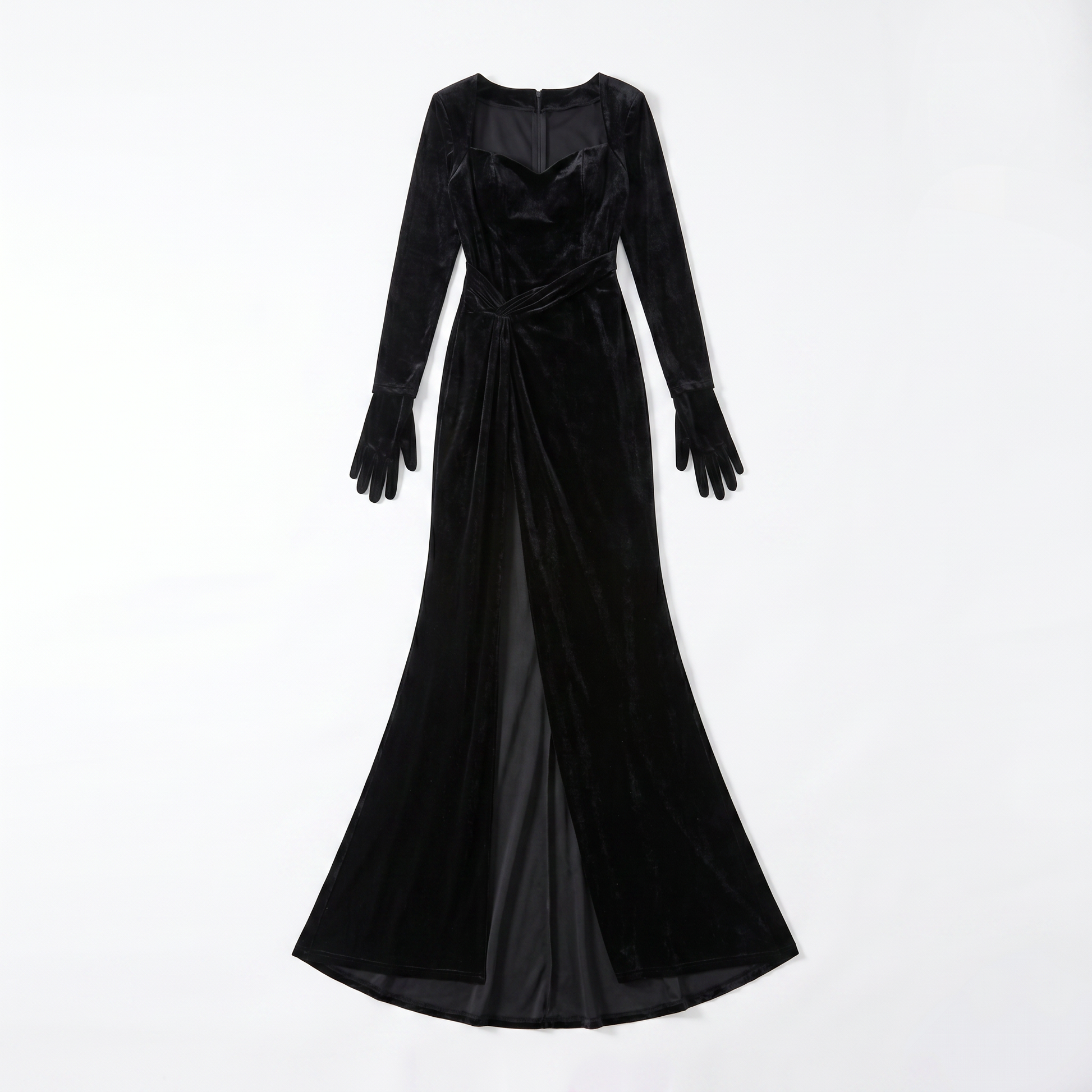 Sunoire bernice long sleeve gloves velvet maxi dress in black mannequin black 01
