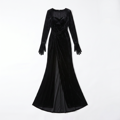 Sunoire bernice long sleeve gloves velvet maxi dress in black mannequin black 01