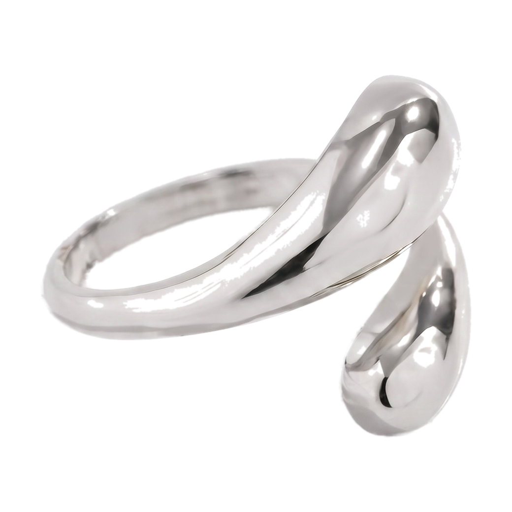 Sunoire glossy water drop alloy electroplated women s adjustable open winding ring 03 flatlay silver