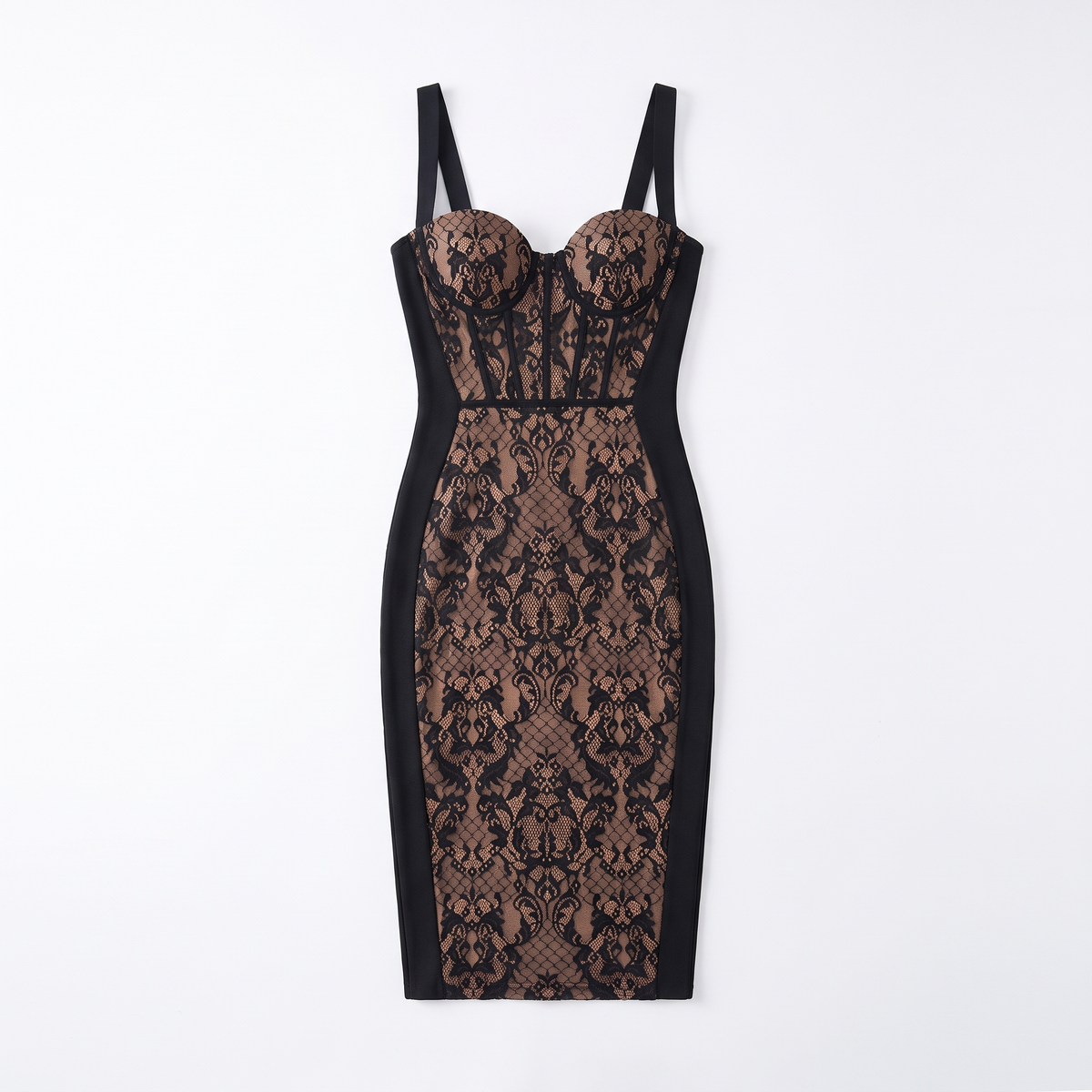 Women's Lace Overlay Sweetheart Corset Midi Dress, Black Cocktail Party Dress, Flat lay