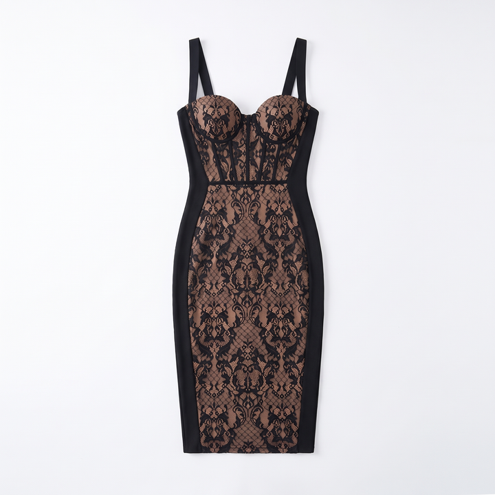 Women's Lace Overlay Sweetheart Corset Midi Dress, Black Cocktail Party Dress, Flat lay
