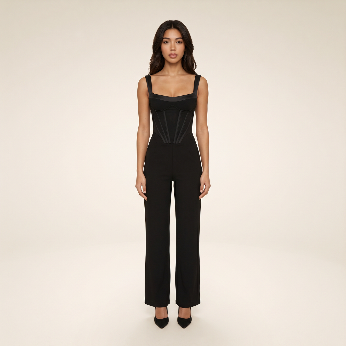 Sunoire black corset jumpsuit front hero 01
