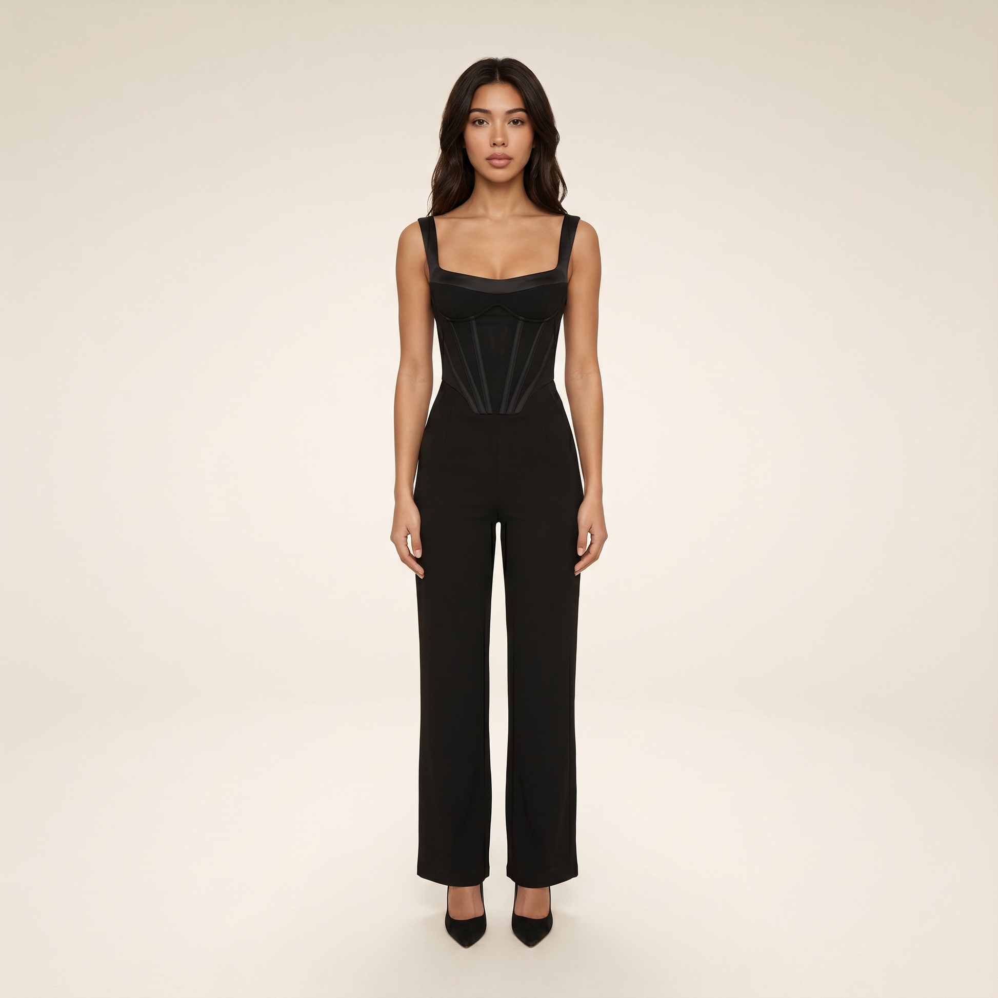 Sunoire black corset jumpsuit front hero 01