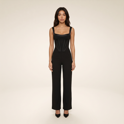 Sunoire black corset jumpsuit front hero 01