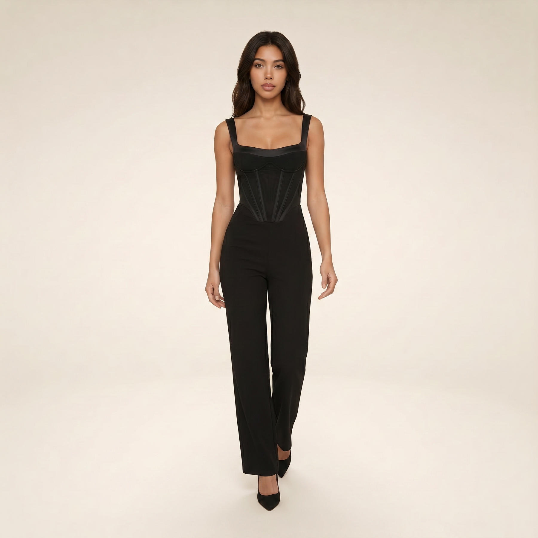 Sunoire black corset jumpsuit walking 01