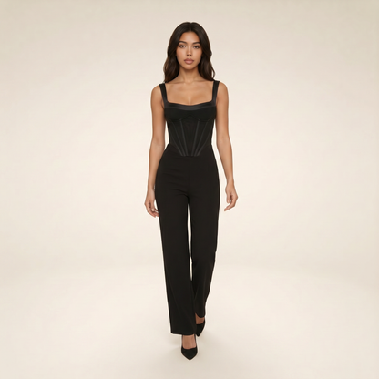 Sunoire black corset jumpsuit walking 01