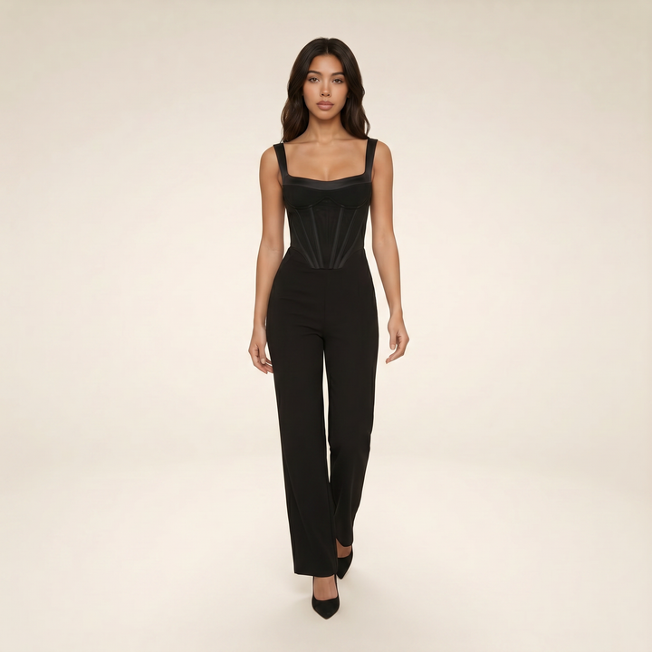 Sunoire black corset jumpsuit walking 01