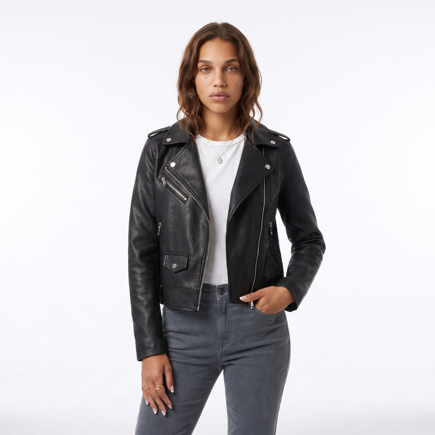 Sunoire black faux leather biker jacket with asymmetric zip and belt colorway black front crop 01