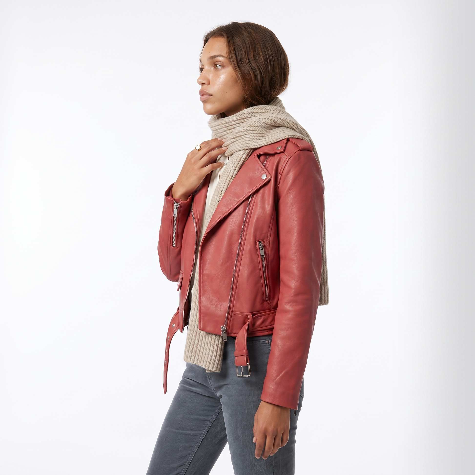 Sunoire black faux leather biker jacket with asymmetric zip and belt top side crop 01