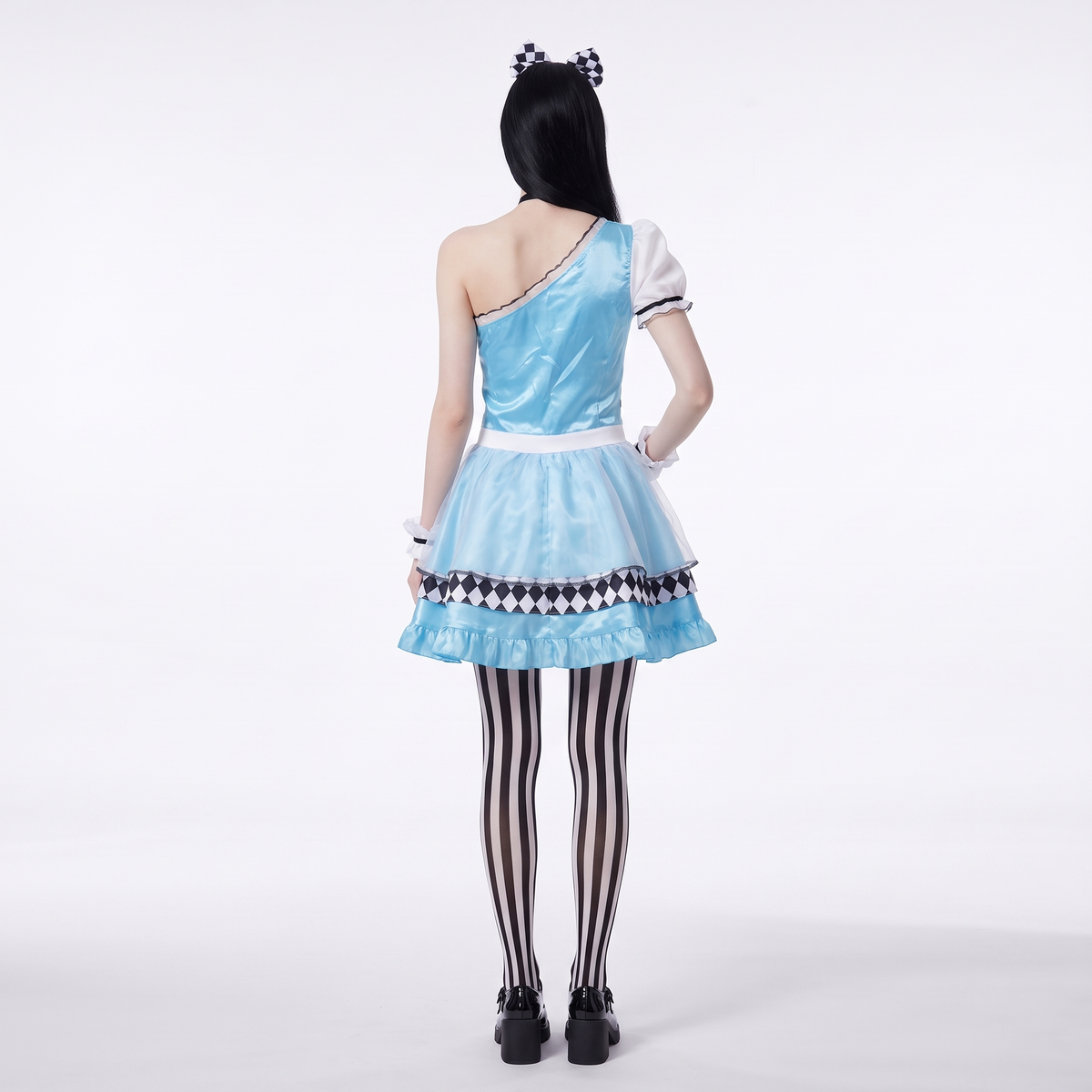 Sunoire blue lace up bodice carnival dress back view 01