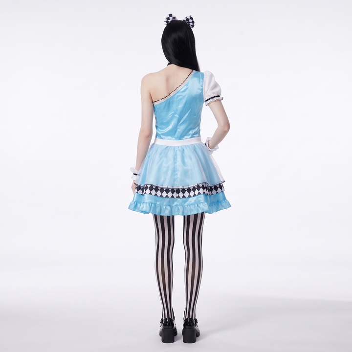 Sunoire blue lace up bodice carnival dress back view 01
