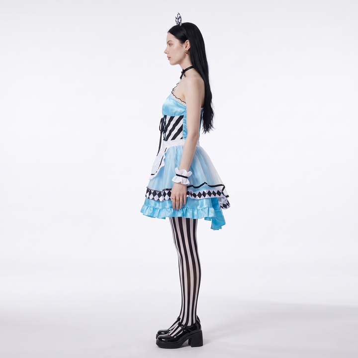 Sunoire blue lace up bodice carnival dress side view 01