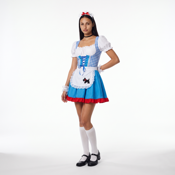 Sunoire blue ruffle apron pinafore dress front hero 01